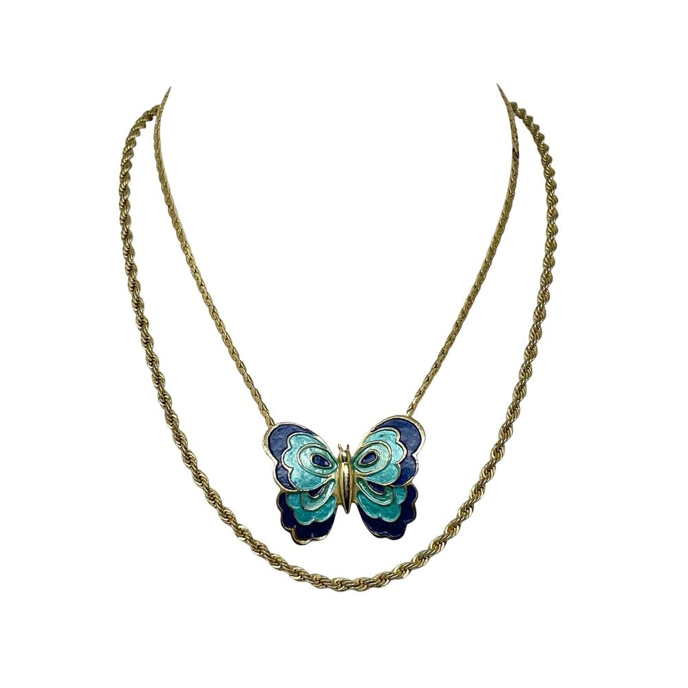 Vintage Gold Tone Blue Enamel Butterfly Necklace & Chain Lot of 2 Fairy Whimsy